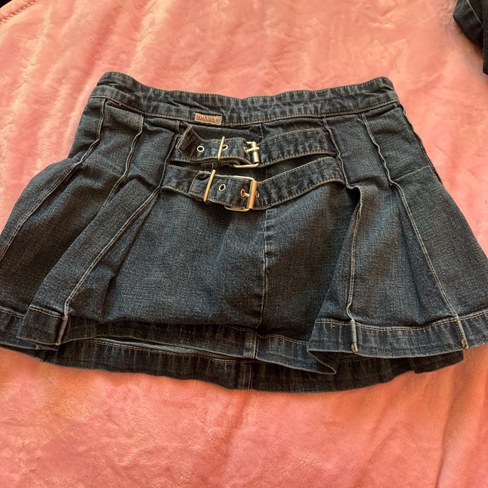 Guess Dark Blue Denim Mini Skirt with Buckle Accents